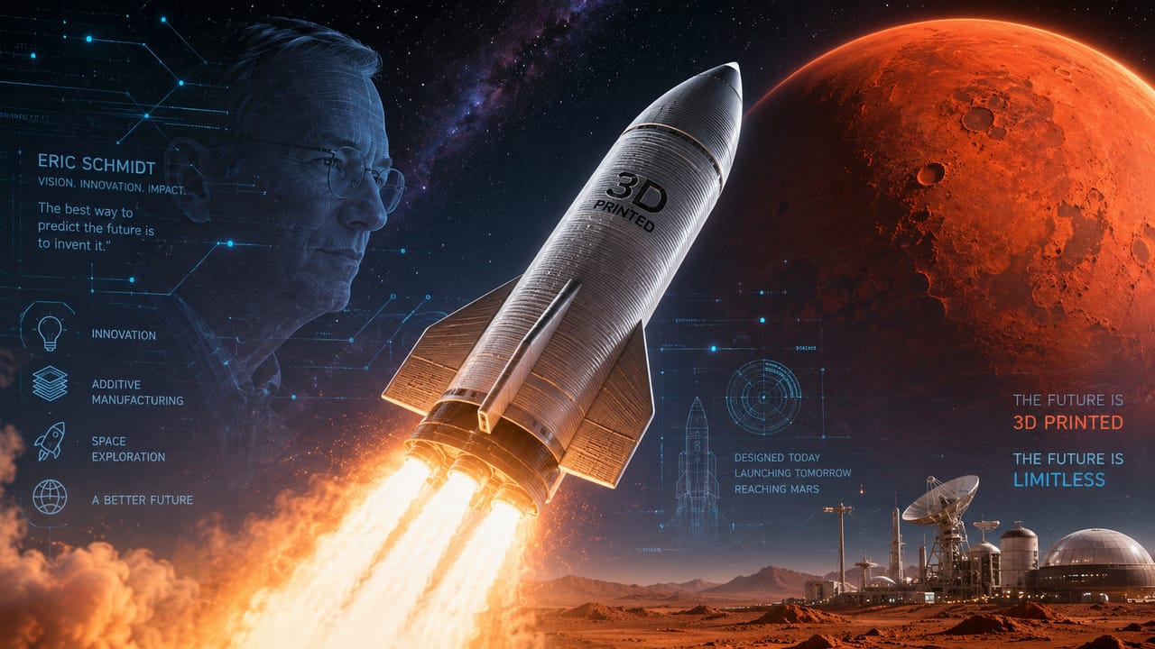 3D-printed rocket launching towards Mars, symbolizing future space exploration 3D-printed rocket launching towards Mars, symbolizing future space exploration