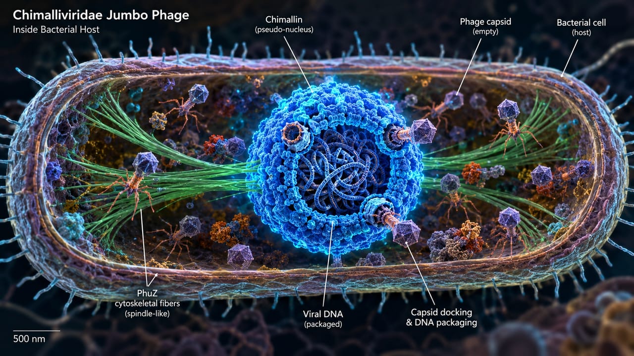 3D scientific visualization of a jumbo phage pseudo-nucleus inside a bacterial host 3D scientific visualization of a jumbo phage pseudo-nucleus inside a bacterial host