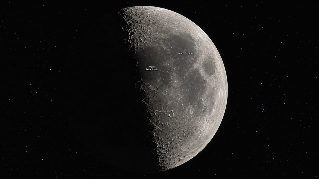 A detailed 44% illuminated Waxing Crescent Moon showing craters and maria.