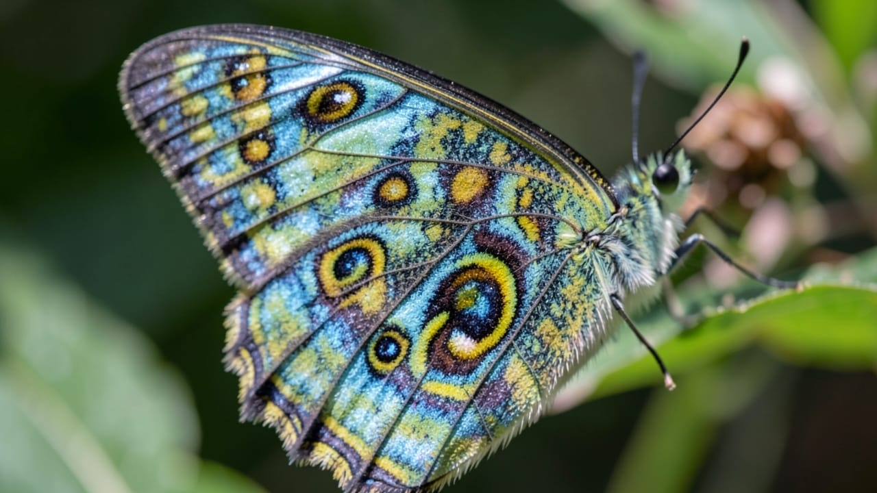 Close-up of a butterfly wing revealing detailed eyespot patterns and iridescent scales. Close-up of a butterfly wing revealing detailed eyespot patterns and iridescent scales.