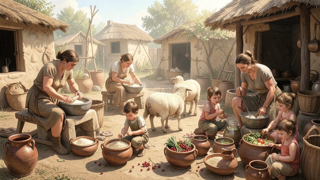 Bronze Age people preparing food, grinding grains, tending livestock, and gathering produce.