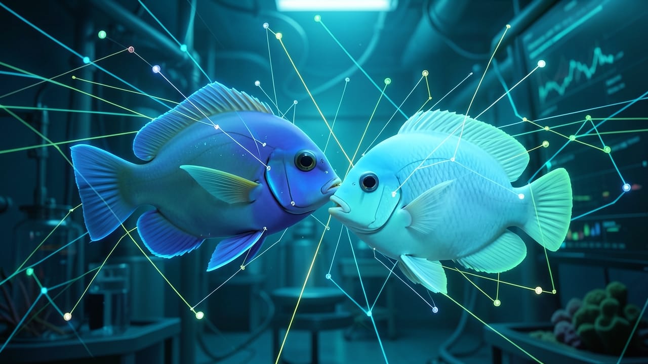 Cleaner wrasse interacting with powder blue tang, tracked by AI