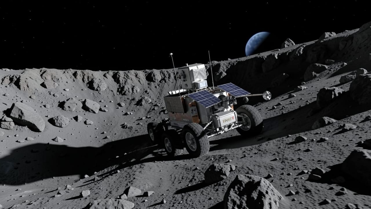 Nasa's Ernest rover climbing a difficult, shadowed lunar slope. Nasa's Ernest rover climbing a difficult, shadowed lunar slope.