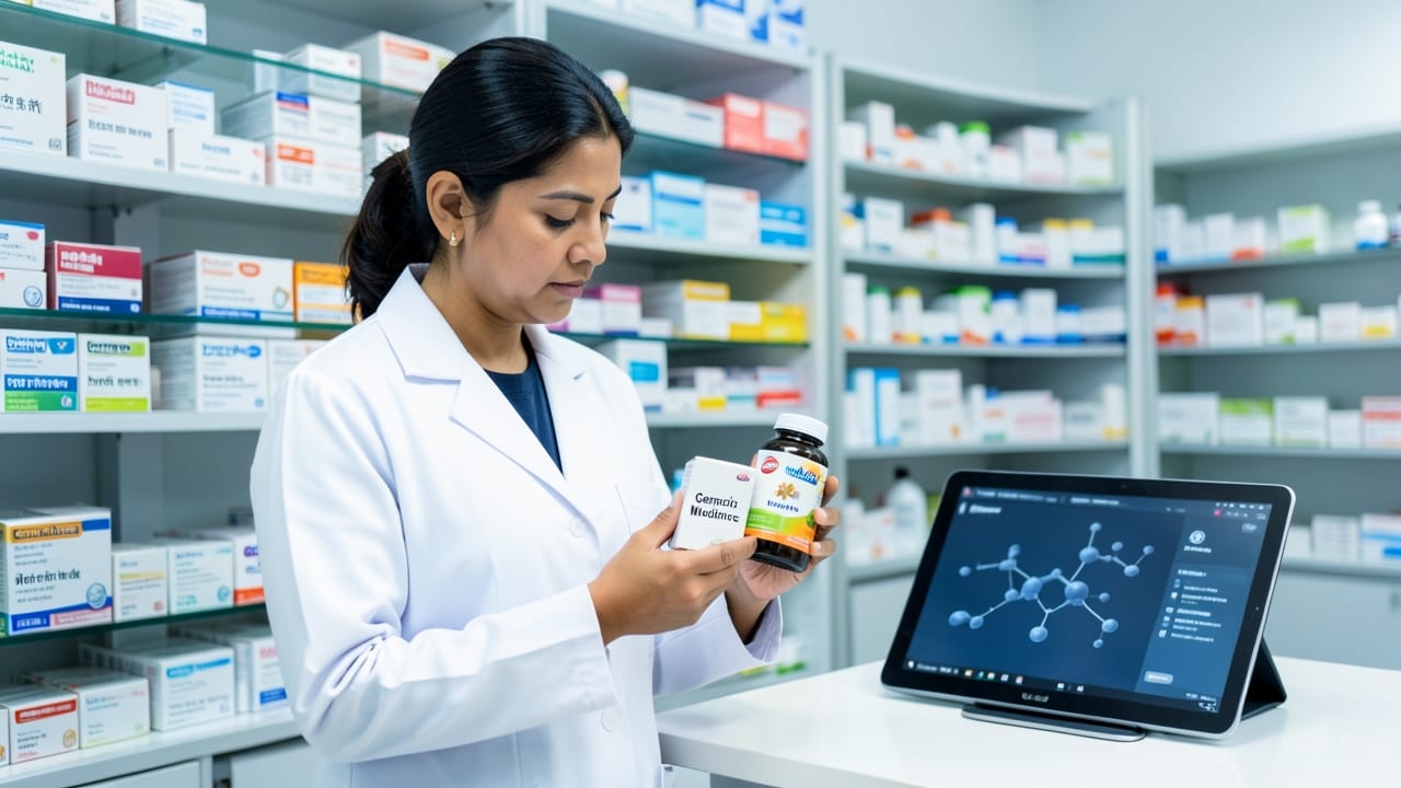 A pharmacist comparing generic and branded medicines in a clean pharmacy. A pharmacist comparing generic and branded medicines in a clean pharmacy.