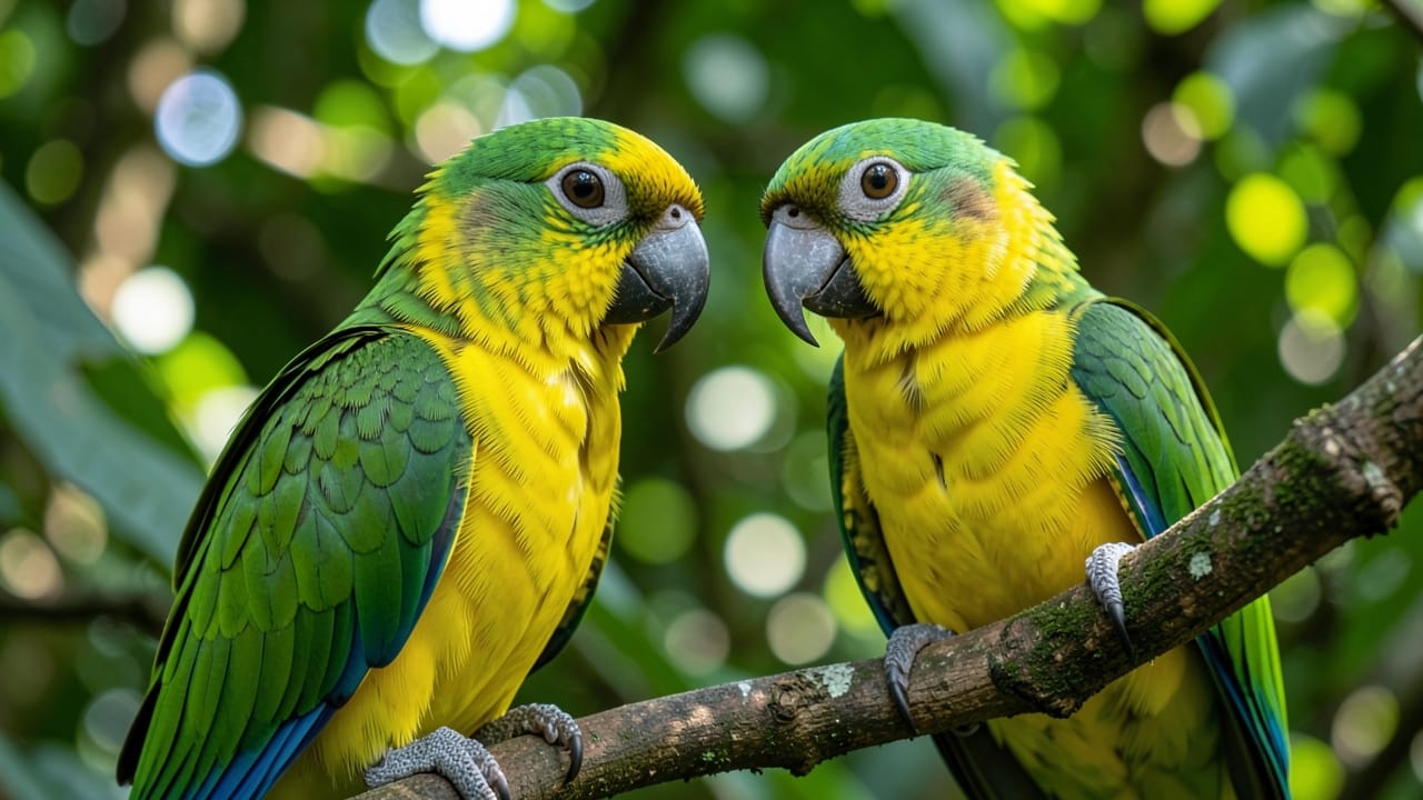 Two yellow-naped Amazon parrots appearing to communicate through vocalizations.