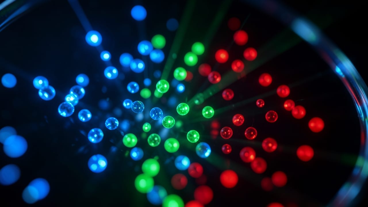 Luminescent quantum dots glowing in distinct colors under microscopic view. Luminescent quantum dots glowing in distinct colors under microscopic view.