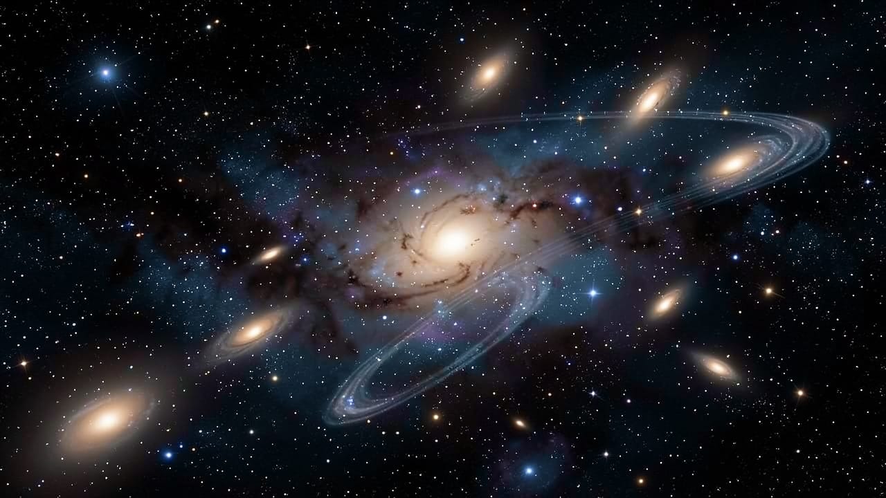 Galaxies rapidly receding, illustrating cosmic acceleration and the mystery of dark energy. Galaxies rapidly receding, illustrating cosmic acceleration and the mystery of dark energy.
