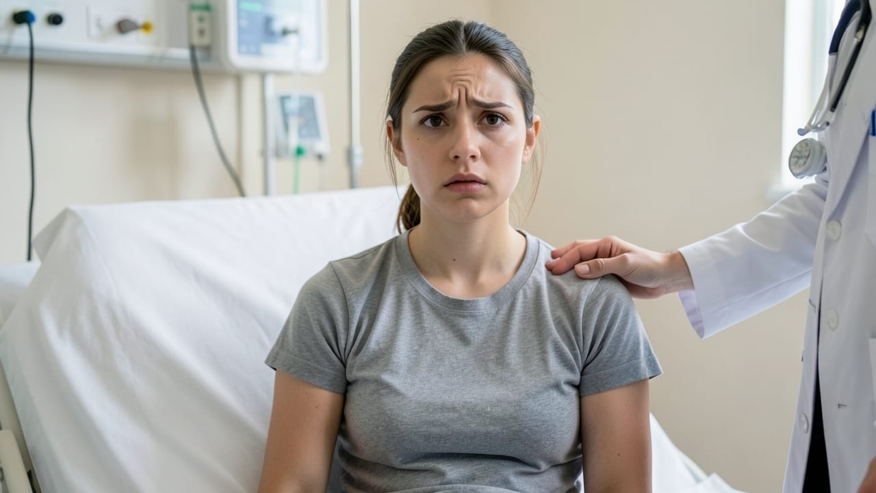 Young woman recovering after a stroke, highlighting resilience and awareness. Young woman recovering after a stroke, highlighting resilience and awareness.