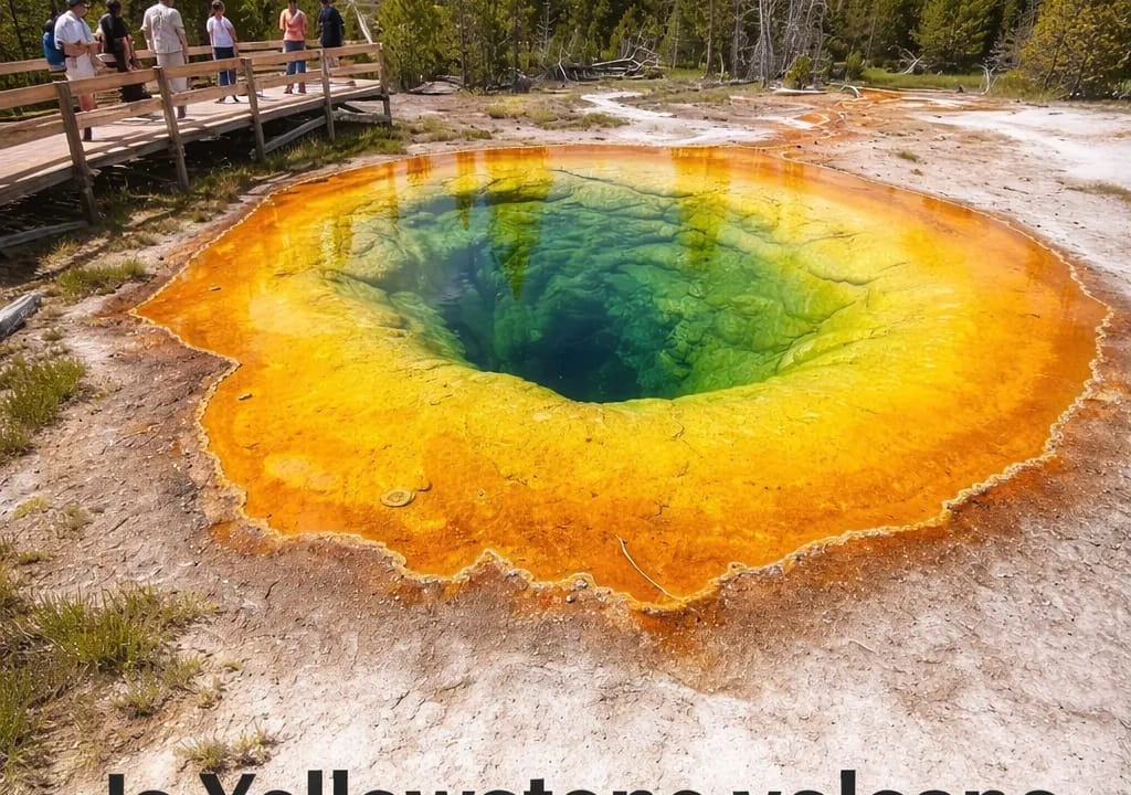 Aerial view of the vast Yellowstone Caldera with geothermal activity Aerial view of the vast Yellowstone Caldera with geothermal activity