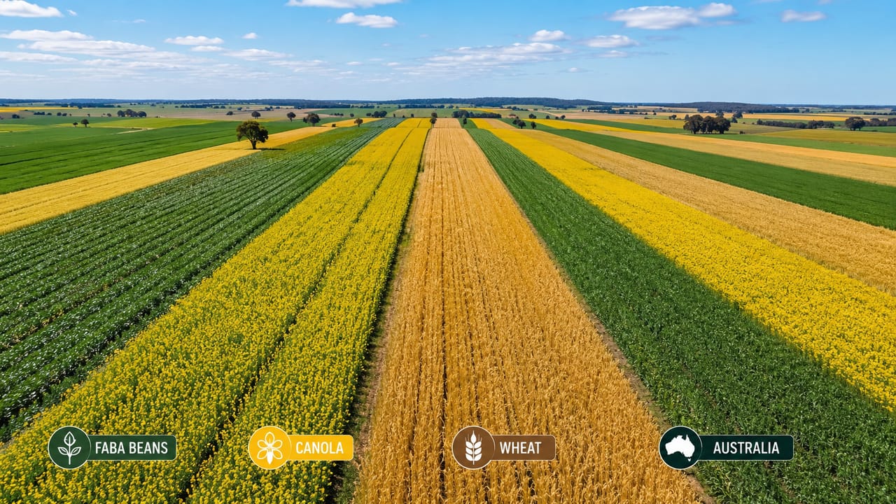 Alternating fields of faba beans, canola, and wheat in Australia Alternating fields of faba beans, canola, and wheat in Australia