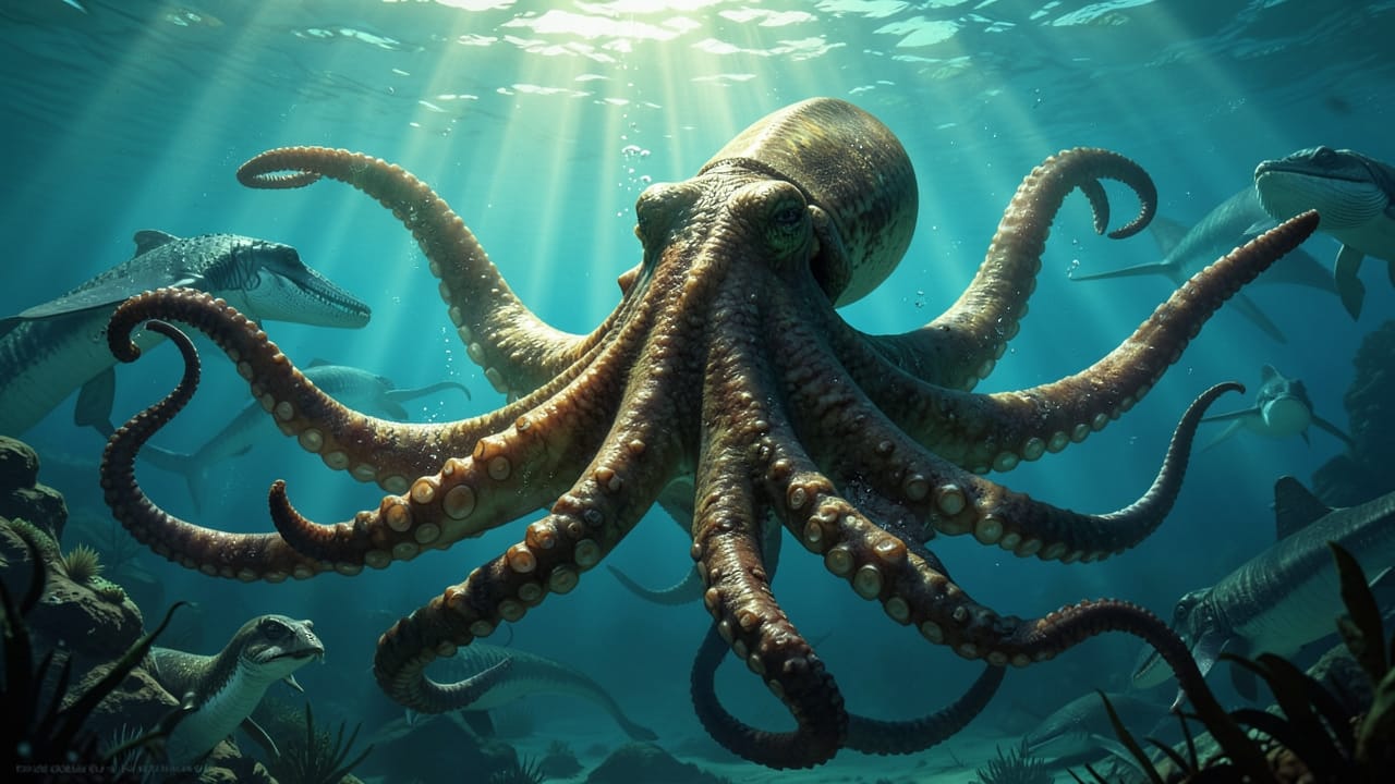 Artist's rendition of a 60-foot octopus as an apex predator in dinosaur-era seas.