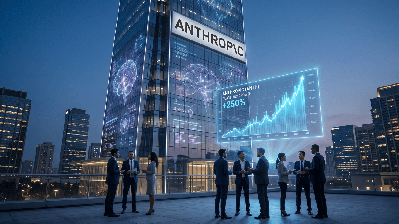 Anthropic's futuristic headquarters during a strategic investor meeting at dusk.