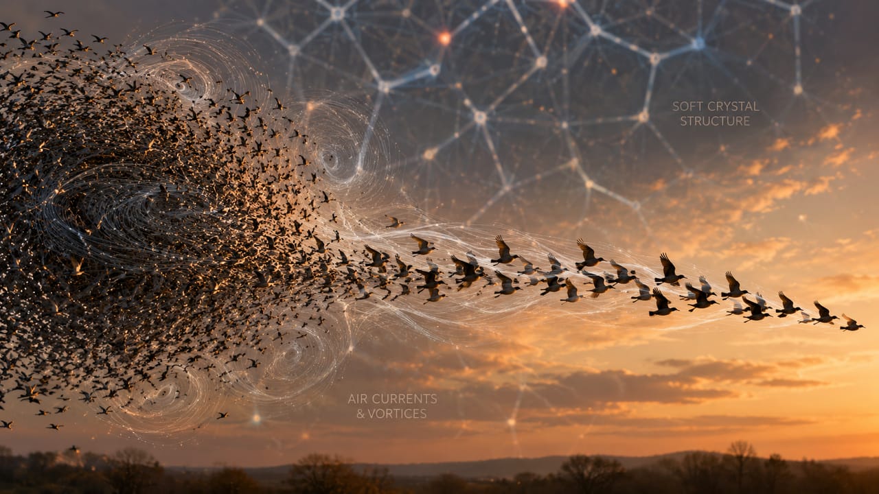 Bird flock flying in formation, illustrating fluid dynamics and physics Bird flock flying in formation, illustrating fluid dynamics and physics