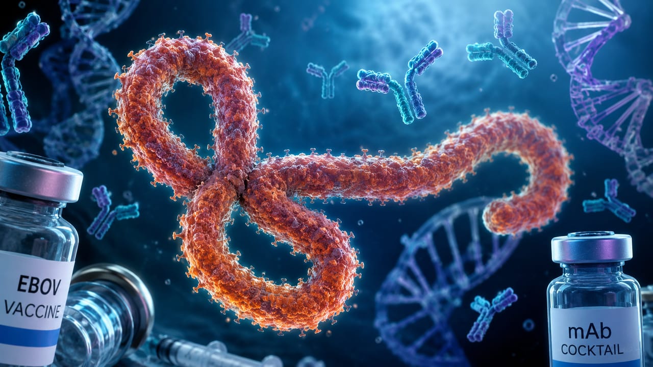 Detailed scientific illustration of ebolavirus particles and experimental vaccine development Detailed scientific illustration of ebolavirus particles and experimental vaccine development