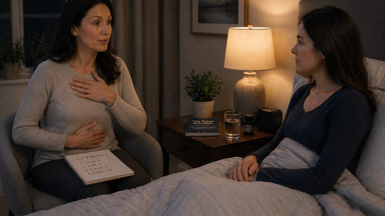 Expert guiding a patient through a calming technique for insomnia relief