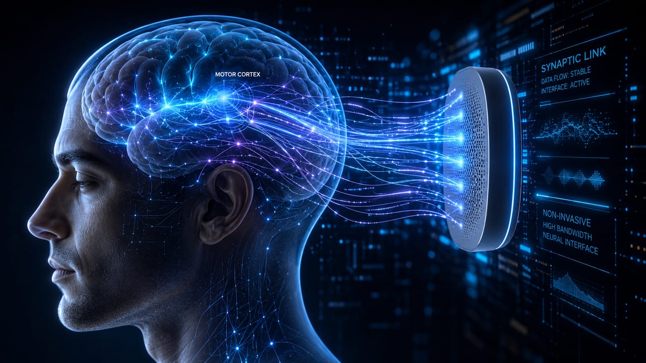 Futuristic brain computer interface showing smooth holographic neural connections.