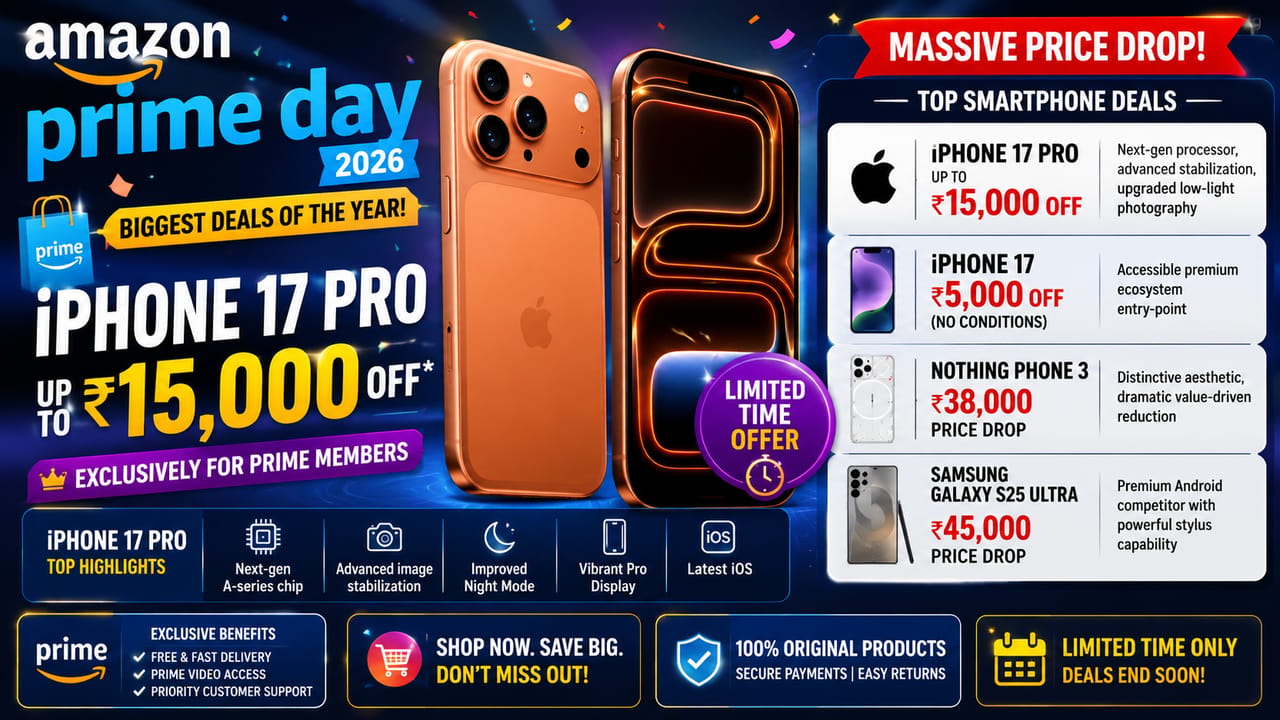 iPhone 17 Pro smartphone showing high end camera setup on Amazon Prime Day sale iPhone 17 Pro smartphone showing high end camera setup on Amazon Prime Day sale