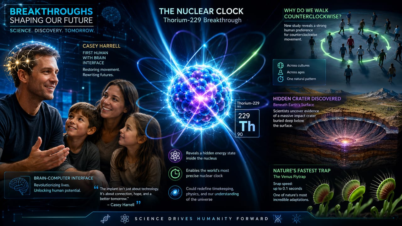 Man with brain implant, nuclear clock, walking patterns, meteorite crater, Venus flytrap. Man with brain implant, nuclear clock, walking patterns, meteorite crater, Venus flytrap.
