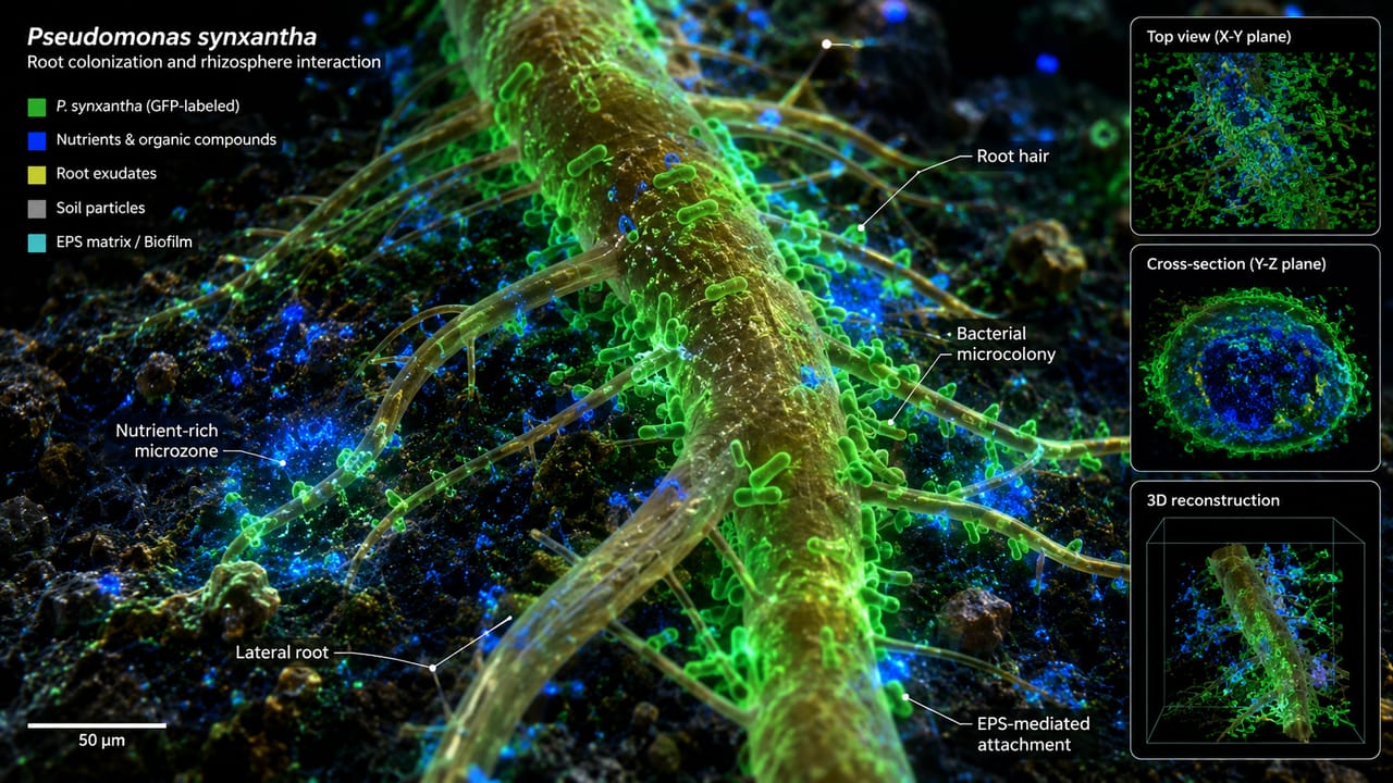 Microscopic view of fluorescent Pseudomonas synxantha bacteria on plant roots