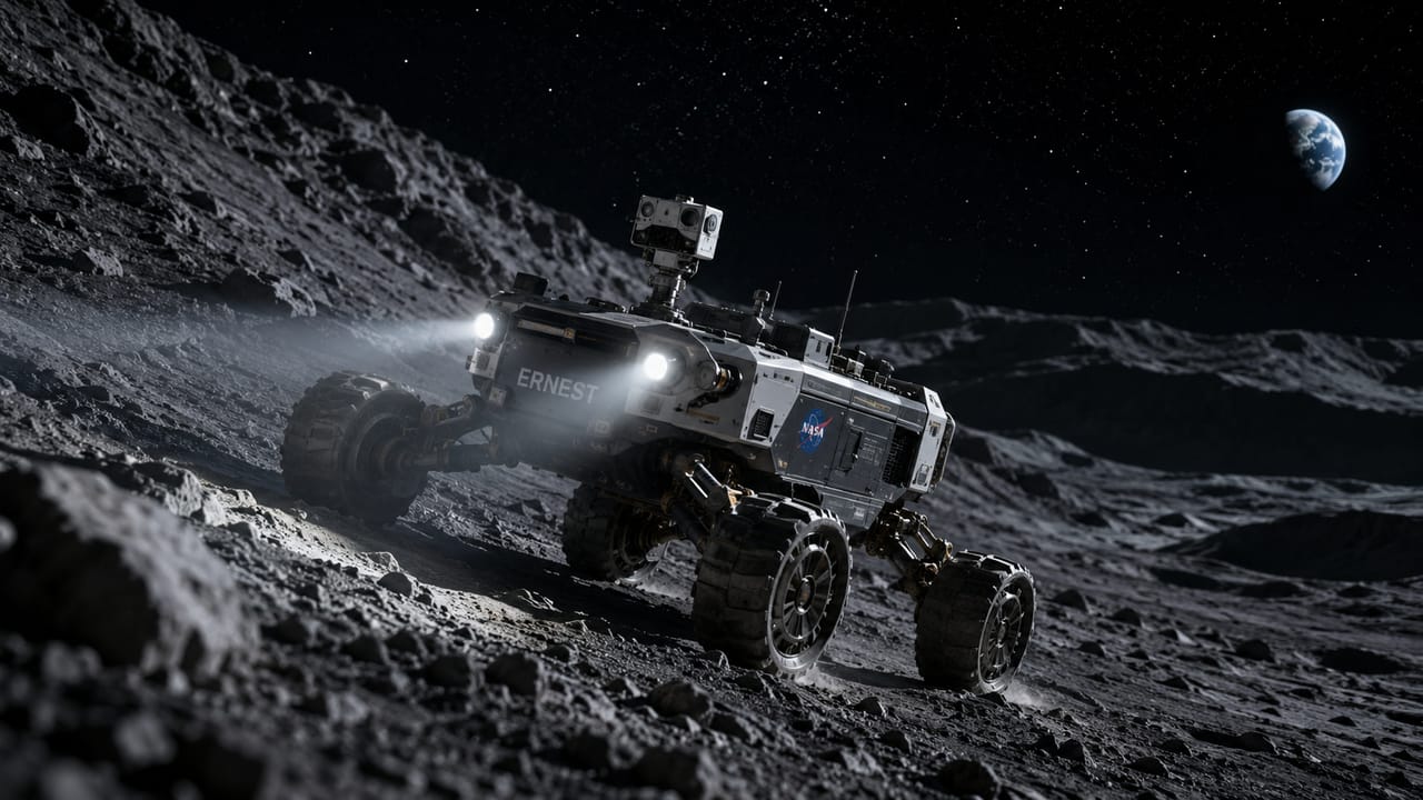 NASA's Ernest rover prototype traversing a dark sloped terrain
