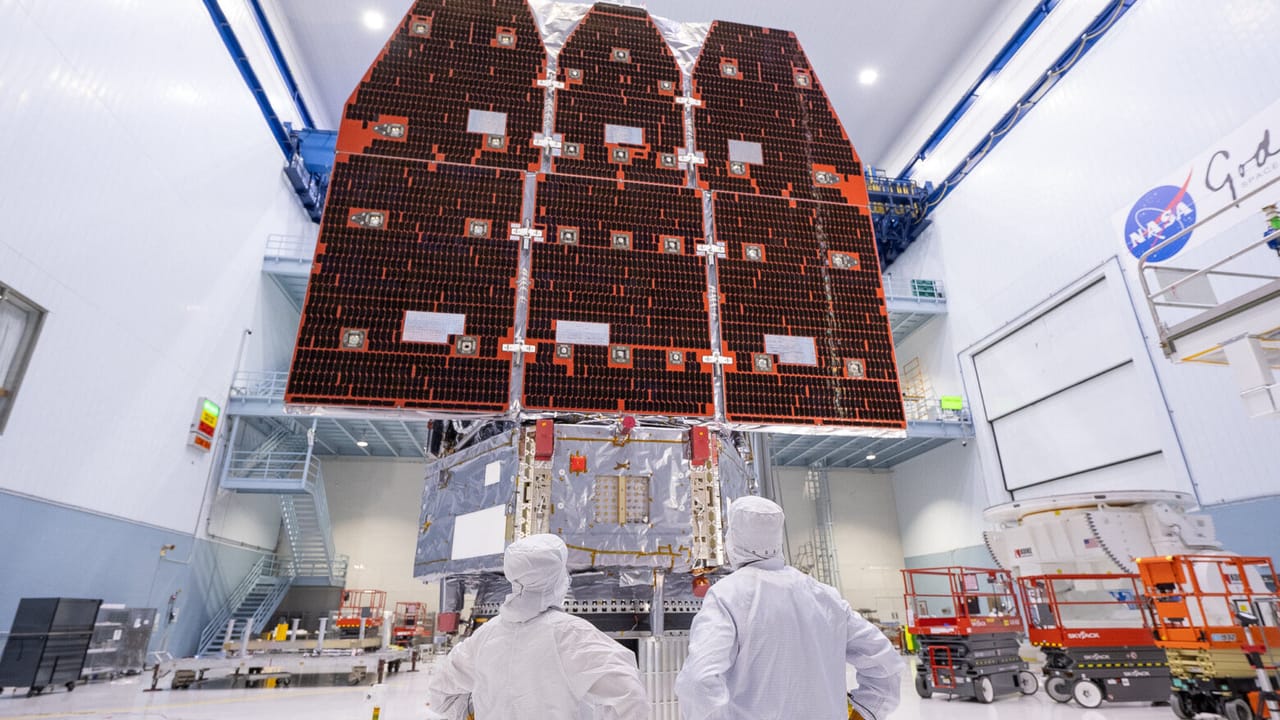 NASA's Roman Space Telescope during final construction in a clean room. NASA's Roman Space Telescope during final construction in a clean room.