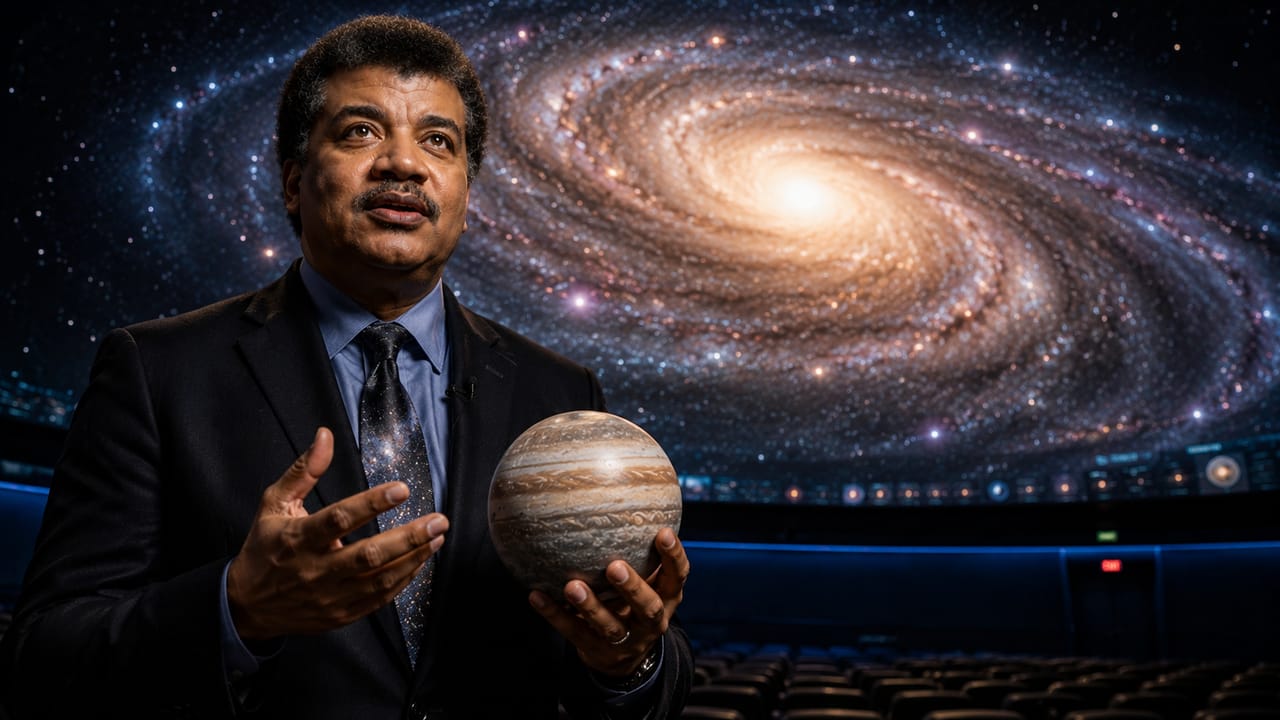 Neil deGrasse Tyson standing in front of a glowing galaxy projection Neil deGrasse Tyson standing in front of a glowing galaxy projection