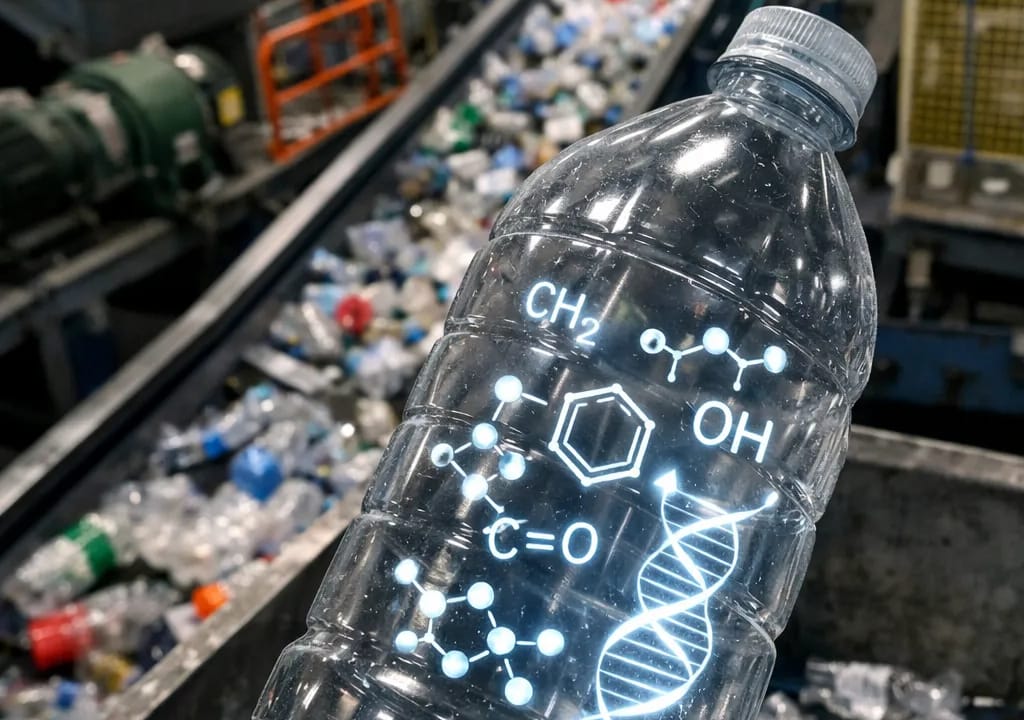 Recycling facility processing plastic with embedded chemical symbols, symbolizing safety risks.