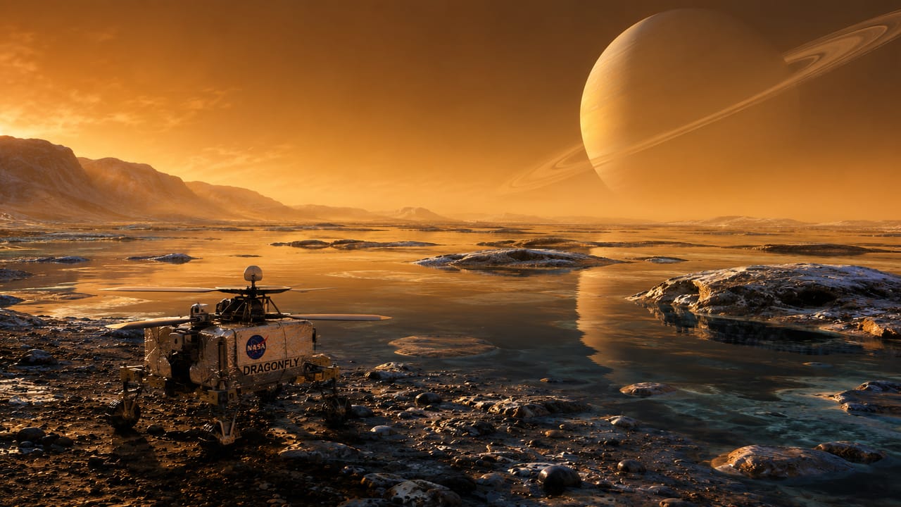 Saturn's moon Titan with liquid methane lakes and a NASA exploration drone. Saturn's moon Titan with liquid methane lakes and a NASA exploration drone.