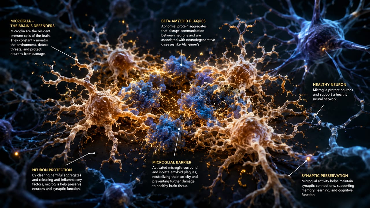 Scientific illustration of microglia cells encapsulating beta amyloid plaques in brain tissue. Scientific illustration of microglia cells encapsulating beta amyloid plaques in brain tissue.