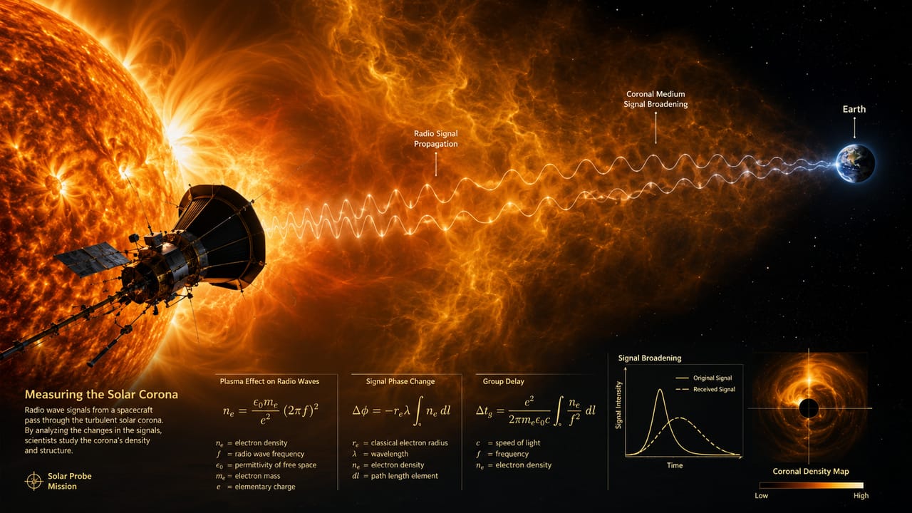 Spacecraft radio signals measuring solar wind through Sun's corona for space weather. Spacecraft radio signals measuring solar wind through Sun's corona for space weather.