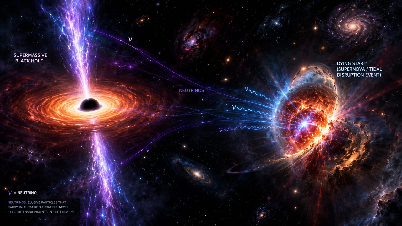 Vibrant cosmic scene of black hole and dying star emitting neutrinos Vibrant cosmic scene of black hole and dying star emitting neutrinos