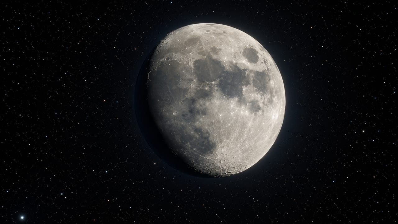 Waxing Gibbous moon, 64% illuminated, against a star-filled night sky. Waxing Gibbous moon, 64% illuminated, against a star-filled night sky.