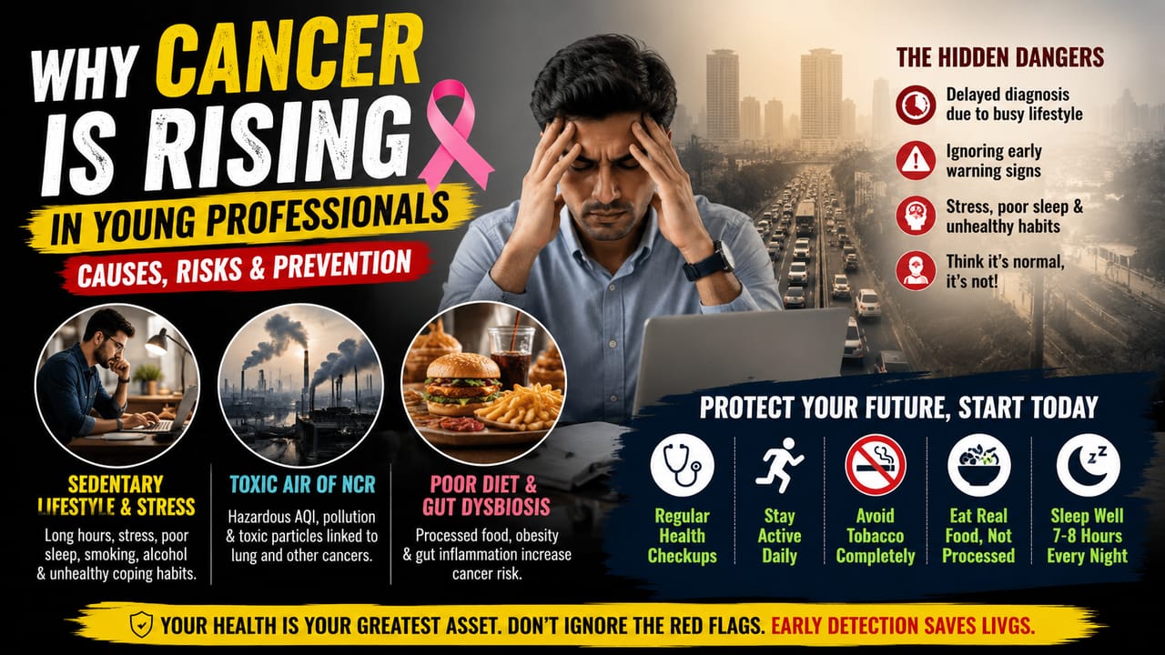 Young corporate professional in NCR office with medical graphic overlay